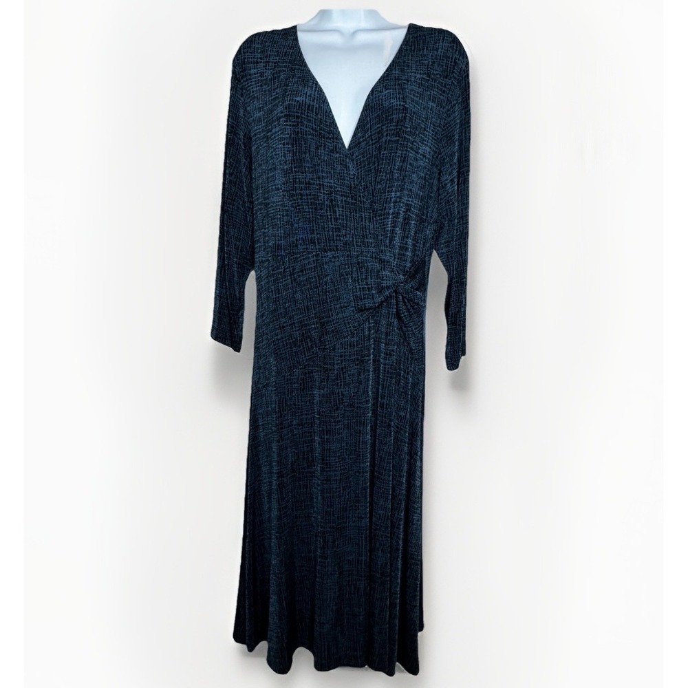 Vintage Chicos Travelers Rowan 3/4 Sleeve Dress L 2 Faux Wrap Aviator Blue Black